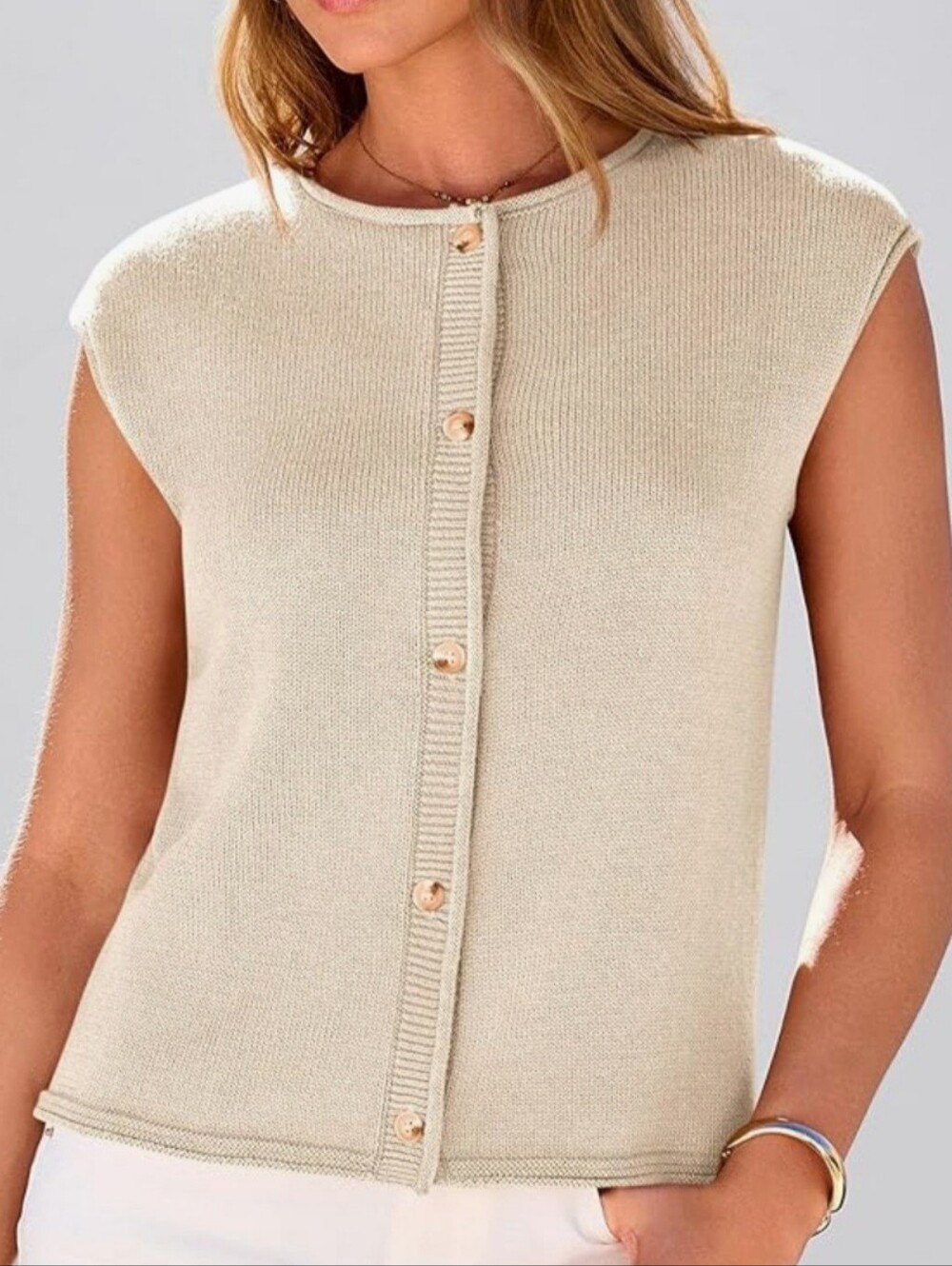 Sleeveless Button-Front Knit Shell in Soft Cream